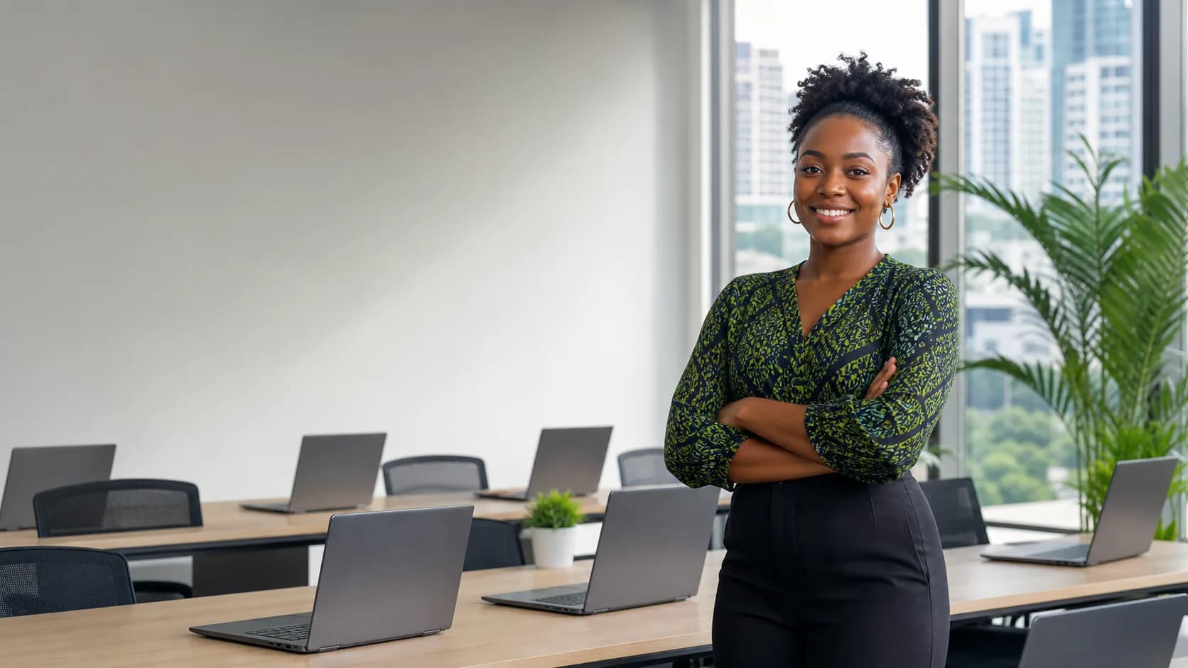 Nigerian professional using a rental laptop in an office