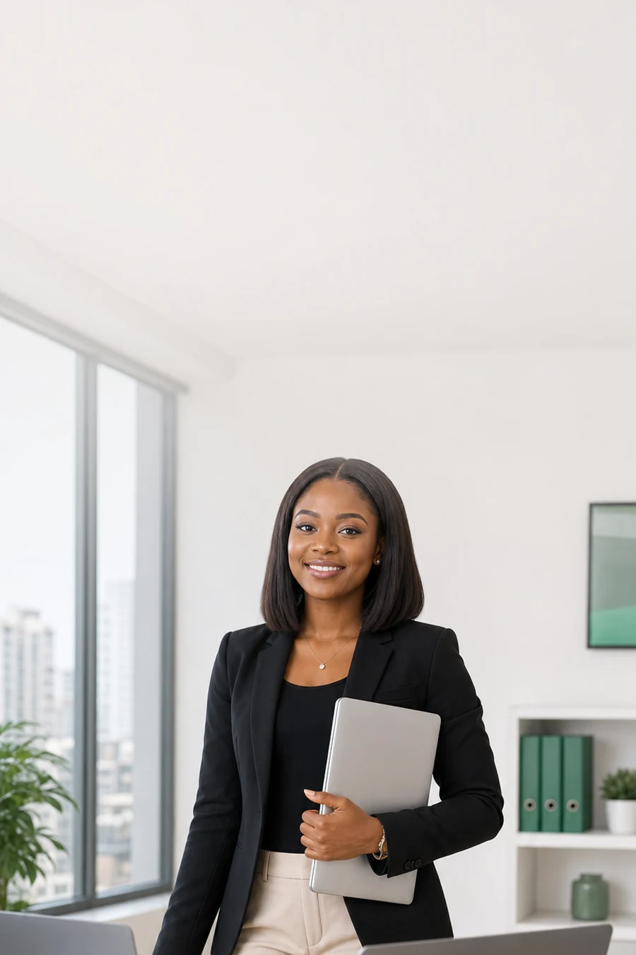 Nigerian professional holding a laptop for rental work