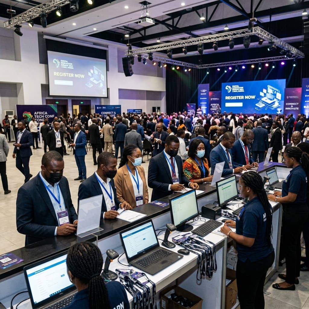 Conference event registration desk with rental laptops in Lagos