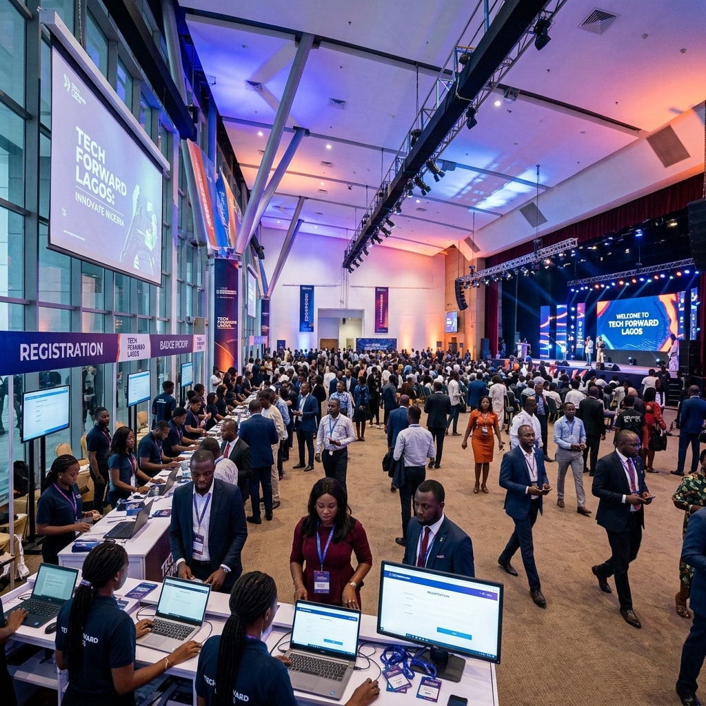 Professional tech conference in Lagos Nigeria with registration desks using rental laptops and monitors