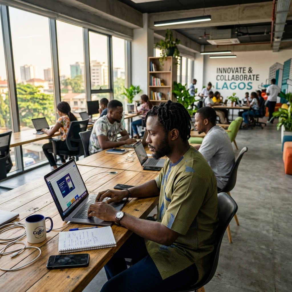 Young Nigerian professional using a rental laptop at a modern co-working space