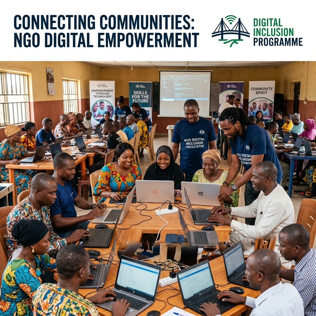 NGO digital inclusion programme in a Nigerian community centre with participants using rental laptops