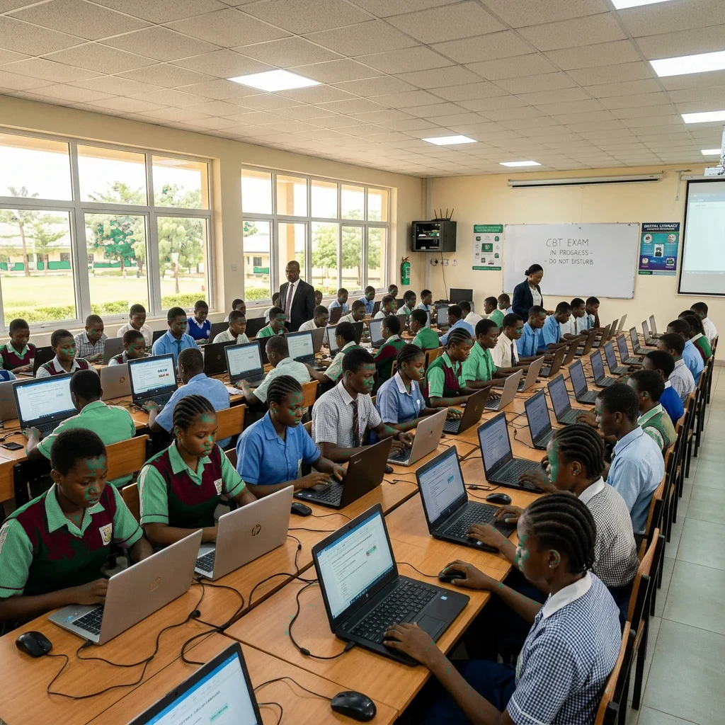 Nigerian students taking CBT exams on rental laptops in a bright school classroom