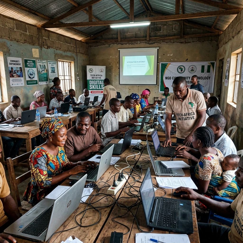 NGO community training session in Nigeria with participants using rental laptops