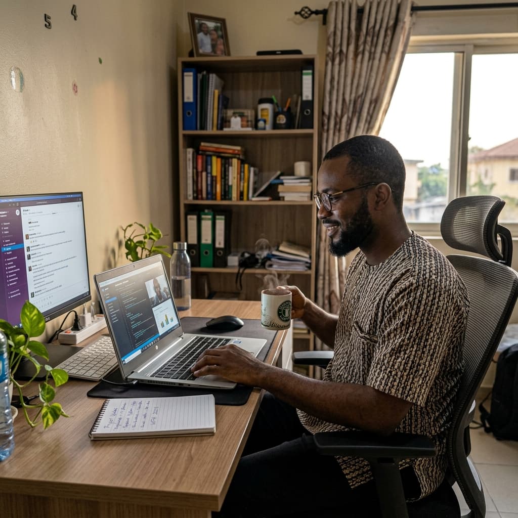 Nigerian remote worker using a rental laptop at a home office